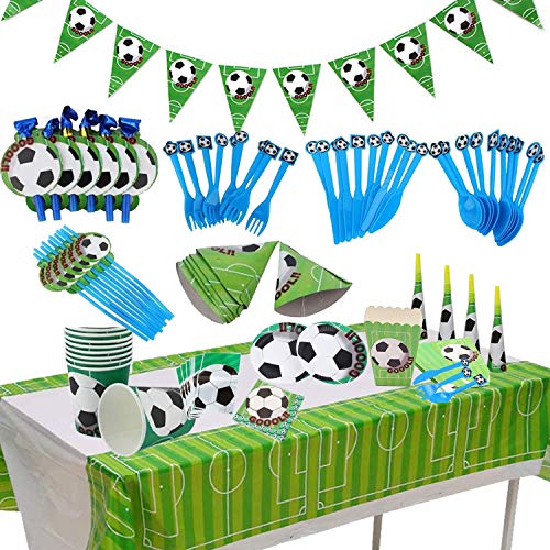 BETOY Fiesta de cumpleaños Fútbol 106PCS Vajilla Fiesta Fútbol Decoración Futbol Cumpleaños Conjunto de Suministros Mantel Platos Servilletas Pancartas Tazas Utensilios para Niños Cumpleaños Niñas