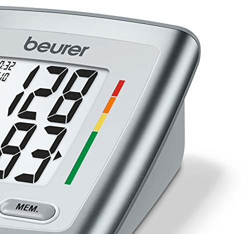 Beurer BM 35 Tensiómetro de brazo, indicador OMS, detección arritmia, gran pantalla LCD, memoria 2 x 60 mediciones, Fecha y hora, color gris, manguito 23 - 33 cm