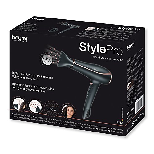 Beurer HC80 - Secador de pelo, 2200 W, motor AC profesional, color negro, detalles cromados
