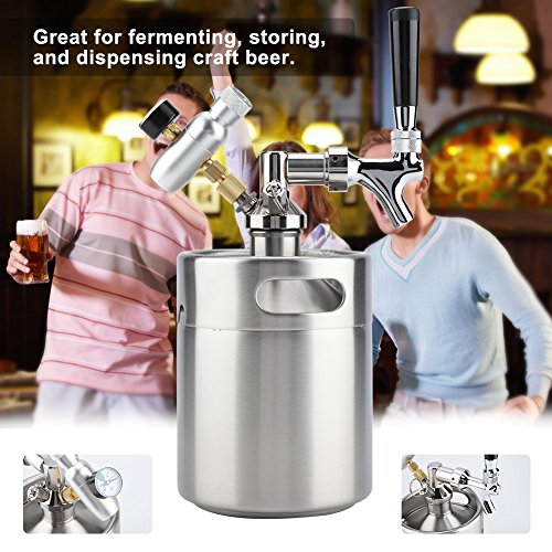 Bewinner 2L Mini Barril de Cerveza a Presión para Fermentar, Almacenar, Dispensar Cerveza Artesanal Barril de Cerveza de Acero Inoxidable Tamaño Mini, Portátil, Fácil de Rellenar y Limpiar
