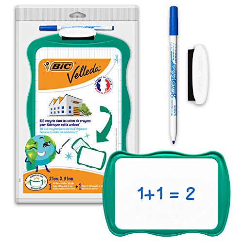 BIC 967261 Velleda Pizarra Reciclable con marcador azul y borrador, color verde, 21 x31 cm
