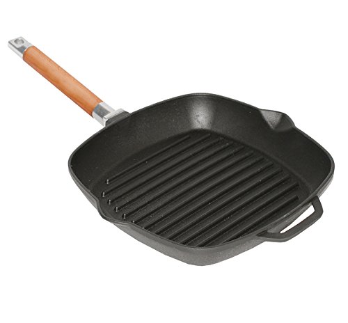 biol Sartén para parrilla (Hierro Fundido Carne – Sartén (Mango de madera extraíble, 28 cm