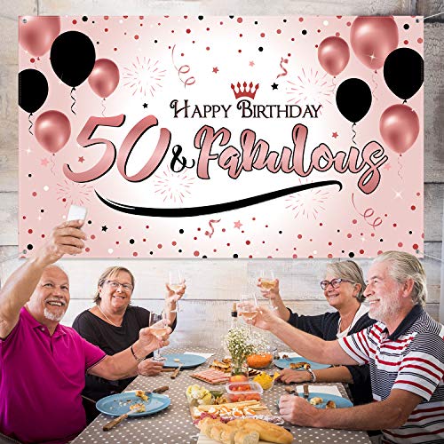 Blulu Decoración de Fiesta de 50 Cumpleaños, Póster de Señal de Tela Extra Grande para 50 Aniversario Fondo de Foto Pancarta de Fondo, Materiales de Fiesta de 50 Cumpleaños (Dorado Rosado)
