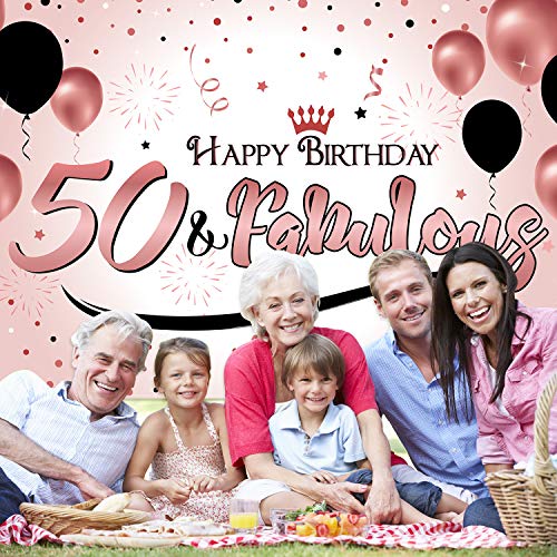 Blulu Decoración de Fiesta de 50 Cumpleaños, Póster de Señal de Tela Extra Grande para 50 Aniversario Fondo de Foto Pancarta de Fondo, Materiales de Fiesta de 50 Cumpleaños (Dorado Rosado)