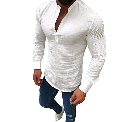 Blusa de Hombre BaZhaHei Camisetas de Hombre Abierta de Color sólido Lino Casual para Hombres del Camisas de Manga Larga para Hombre Polo con Cuello en V de Blusa de Hombre Ropa de Hombre