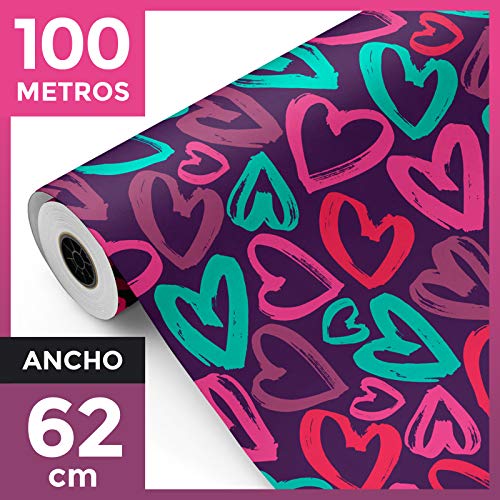 Bobina papel de regalo, rollo grande 62cm x 100m • CORAZONES C • Ideal para: Tiendas Negocios Comercios envolver regalos Cumpleaños Baby Shower Bodas Decoración [FP Fiesta Paper]