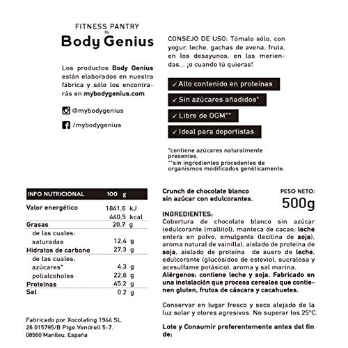 BODY GENIUS Dúo Protein Crunch (Chocolate Blanco). 2x500g. Cereales Proteicos. Bolitas de Proteína Recubiertas de Chocolate Sin Azúcar. Bajo en Hidratos. Snack Fitness. Hecho en España.