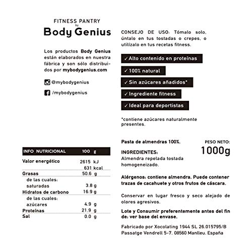 BODY GENIUS Manteca de Almendras. 1000g. Solo Almendras Tostadas. 100% Natural. Rica en Proteína y Fibra. Sin Azúcar y Sin Sal. Hecho en España.
