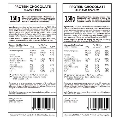 BODY GENIUS Tabletas chocolate Proteico. Pack 4 sabores. Sin Azúcar y Sin Edulcorantes Artificales. Alto en Proteína. Tamaño Familiar. Hecho en España. 4 x 150g