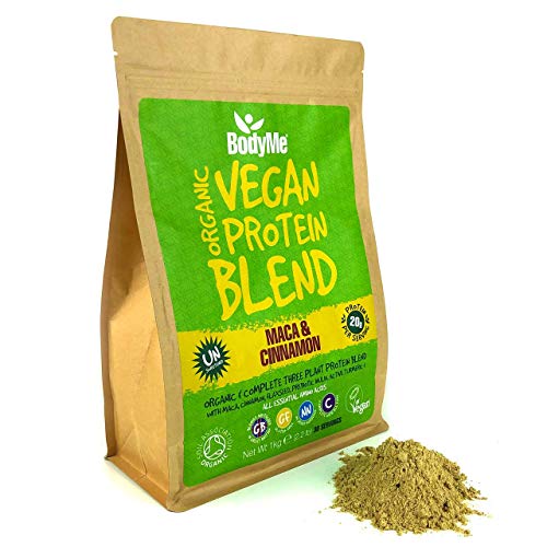 BodyMe Mezcla de Proteina Vegana Organica en Polvo | Cruda Maca Canela | 1kg | Sin Edulcorante | Baja Carb | Sin Gluten | 3 Proteinas Veganas | 20g Proteina Vegetal Completa | Aminoacidos Esenciales