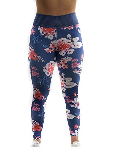 Boho Blossom, Mujeres, Bolsillo para el Fregadero, Leggings, Rosa o Azul Floral, Moda, Ropa Activa, Gimnasio, Sexy. Azul Azul XL