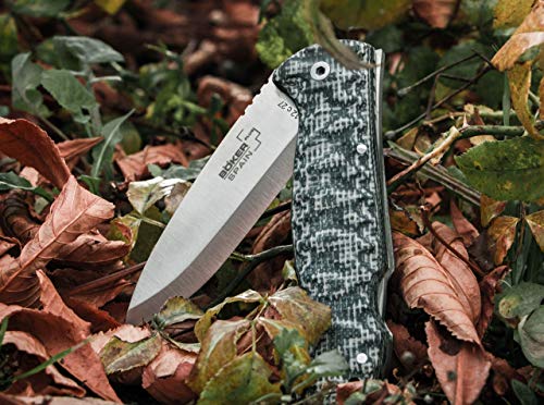Böker Plus Navaja Spain BUSHCRAFT con Hoja de Acero 12C27 de 9,5 cm y empuñadura de micarta Granito de 12,5 cm 01BO380 para Caza, Pesca, Supervivencia y Bushcraft + Portabotellas de Regalo