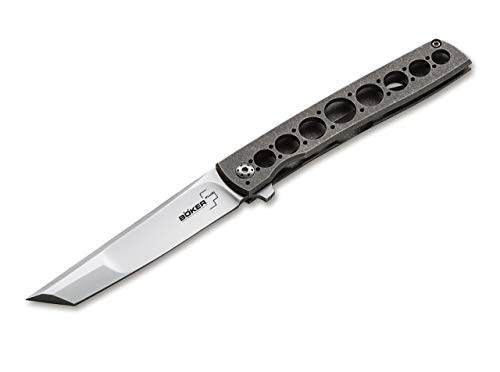 Böker Plus Navaja Urban Trapper Tanto con Hoja de Acero VG-10 de 8,6 cm y empuñadura de Titanio de 10,3 cm 01BO721 para Caza, Pesca, Supervivencia y Bushcraft + Portabotellas de Regalo