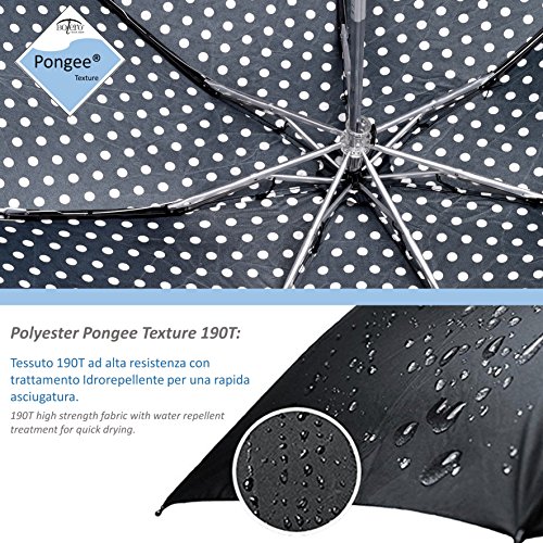 BOLERO OMBRELLI - Paraguas portátil mini plegable, resistente al viento, de alta calidad, apertura manual, tejido Pongee blanco y negro, tamaño de bolsillo, 5 secciones, fibra y aluminio Lunares