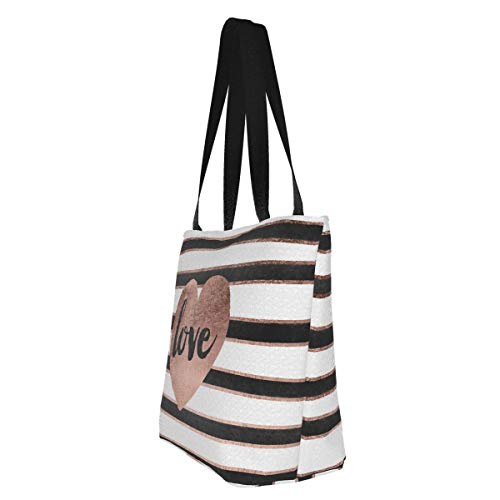 Bolsa de lona personalizable, moderna tipografía, oro rosa, diseño de corazones y rayas, lavable, para mujer, color dorado