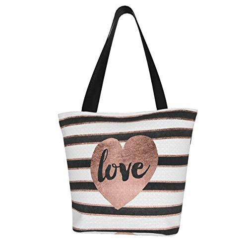 Bolsa de lona personalizable, moderna tipografía, oro rosa, diseño de corazones y rayas, lavable, para mujer, color dorado