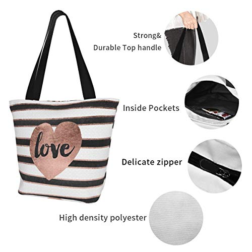 Bolsa de lona personalizable, moderna tipografía, oro rosa, diseño de corazones y rayas, lavable, para mujer, color dorado