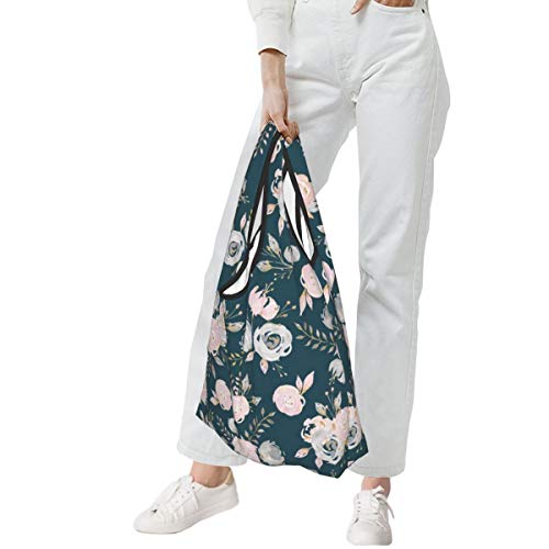 Bolsas de compras plegables reutilizables, rubor dorado purpurina verde azulado floral impermeable y ligera, de gran capacidad, ecológica, con asas para viajes, biblioteca y comestibles.