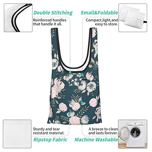 Bolsas de compras plegables reutilizables, rubor dorado purpurina verde azulado floral impermeable y ligera, de gran capacidad, ecológica, con asas para viajes, biblioteca y comestibles.