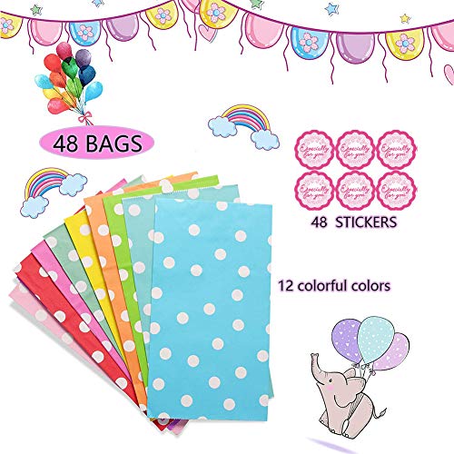 Bolsas de Papel,48 piezas Bolsas Regalo con 48 Pegatinas(12 colores),Fiesta de Cumpleaños Favores Bolsas Utilizar para Recuerdo,Golosinas, Galletas
