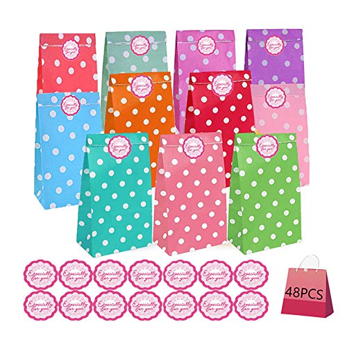 Bolsas de Papel,48 piezas Bolsas Regalo con 48 Pegatinas(12 colores),Fiesta de Cumpleaños Favores Bolsas Utilizar para Recuerdo,Golosinas, Galletas