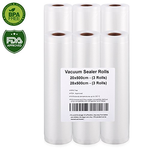 Bolsas Vacío,rollo-envasar al-vacio,Alimentos-Profesional - Certificación de seguridad de grado alimenticio(20x500cm(3 rolls)+28x500cm(3 rolls)