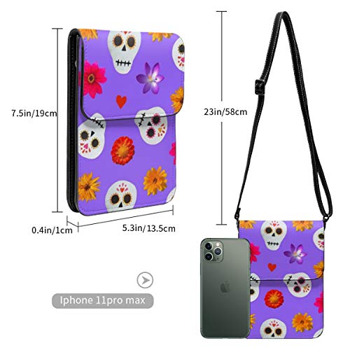 Bolso cruzado pequeño para mujer, diseño de calaveras de azúcar y flores, color morado
