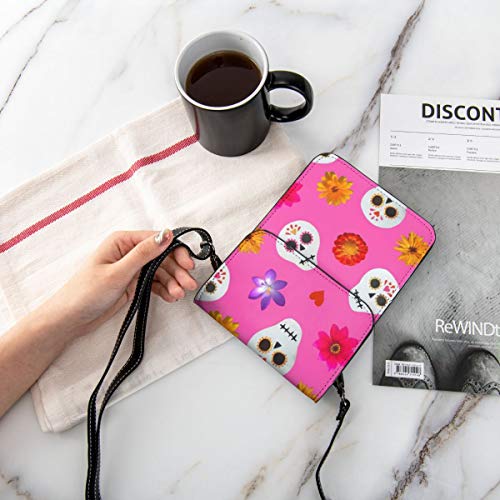 Bolso cruzado pequeño para mujer, diseño de calaveras de azúcar y flores, color rosa