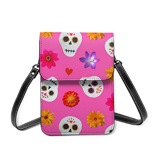 Bolso cruzado pequeño para mujer, diseño de calaveras de azúcar y flores, color rosa