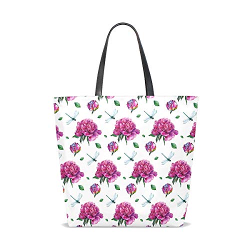 Bolso de hombro con correa de peso ligero Bolsos de mano Flor de peonías Bolso de mano de libélula para mujeres Niñas Damas Estudiante Monedero de sirena Compras