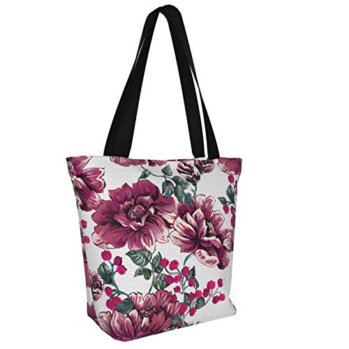 Bolso de mano de lona de flores de peonía roja con bolsillo interior adorable bolso de mano grande para playa, envío, comestibles, libros