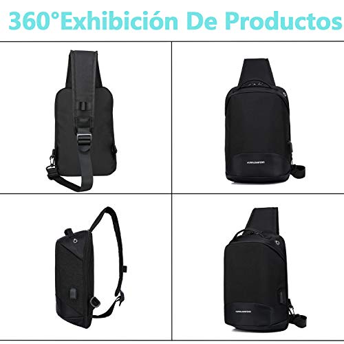 Bolsos Bandoleras Hombres Bolsa de Pecho Bolsos Cruzados Hombre Bolsa Deportiva de Hombro Bandoleras Cruzada 9.7 Inch iPad con USB Bolsa de Hombro Bolsa de Mochila para Ciclismo (Negro)