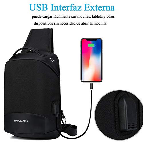 Bolsos Bandoleras Hombres Bolsa de Pecho Bolsos Cruzados Hombre Bolsa Deportiva de Hombro Bandoleras Cruzada 9.7 Inch iPad con USB Bolsa de Hombro Bolsa de Mochila para Ciclismo (Negro)