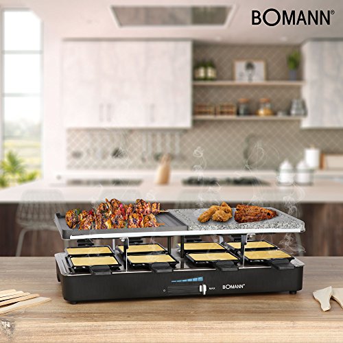 Bomann RG2279CB Raclette Grill con Piedra Natural y Placa Reversible, 8 Personas, 1400W, 1400 W, Acero Inoxidable, Azul