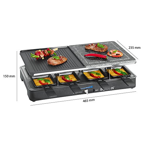 Bomann RG2279CB Raclette Grill con Piedra Natural y Placa Reversible, 8 Personas, 1400W, 1400 W, Acero Inoxidable, Azul