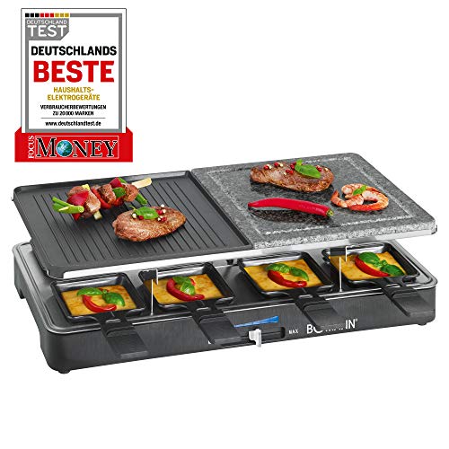 Bomann RG2279CB Raclette Grill con Piedra Natural y Placa Reversible, 8 Personas, 1400W, 1400 W, Acero Inoxidable, Azul