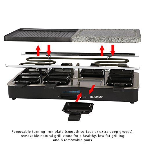 Bomann RG2279CB Raclette Grill con Piedra Natural y Placa Reversible, 8 Personas, 1400W, 1400 W, Acero Inoxidable, Azul