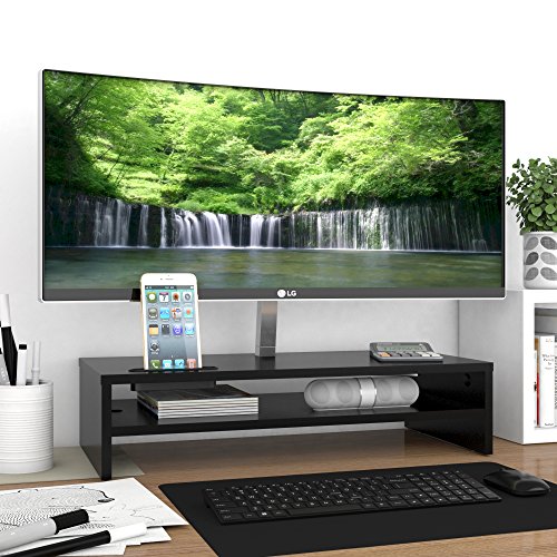 BONTEC Soporte Monitor Mesa Soporte Pantalla Ordenador Soporte Portatil Ordenador Elevador de Monitor 2 Niveles Negro, W540 x D255 x H142mm con Soporte para Teléfono Inteligente y Gestión de Cables