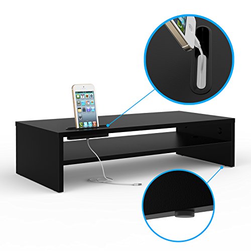 BONTEC Soporte Monitor Mesa Soporte Pantalla Ordenador Soporte Portatil Ordenador Elevador de Monitor 2 Niveles Negro, W540 x D255 x H142mm con Soporte para Teléfono Inteligente y Gestión de Cables