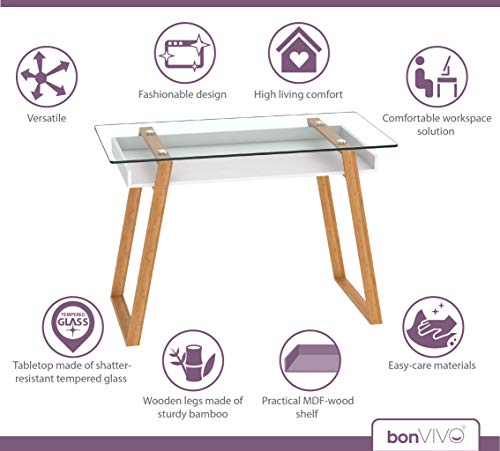 bonVIVO Escritorio Massimo, Mesa para Ordenador Moderno con Cristal, Madera Natural y Estantes Lacados en un Diseño Contemporáneo