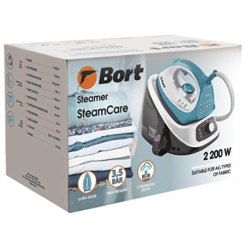 Bort SteamCare - Centro de planchado de vapor (2200 W, 3,5 bar, depósito de agua de 1,1 L, suela de cerámica, sistema antical