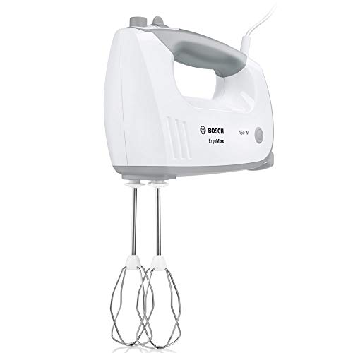Bosch ErgoMixx MFQ36460, Batidora y Amasadora para Repostería, 450 W, Varillas Batidoras, Garfios Amasadores y Bol Giratorio, Color Blanco