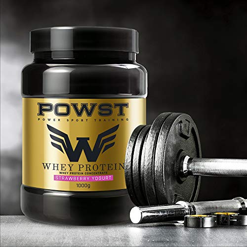 Bote Proteina Whey, Proteína de suero de leche en polvo, 1Kg (sabor Yogur con Fresas) POWST