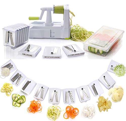 Brieftons - Espiralizador de 10 hojas: más fuerte y más pesado cortador de verduras en espiral, mejor espaguetis de pasta vegetal para baja en carbono, paleo, sin gluten, con bandeja para cuchillas