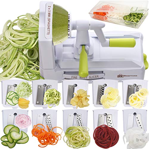 Brieftons - Espiralizador de 10 hojas: más fuerte y más pesado cortador de verduras en espiral, mejor espaguetis de pasta vegetal para baja en carbono, paleo, sin gluten, con bandeja para cuchillas