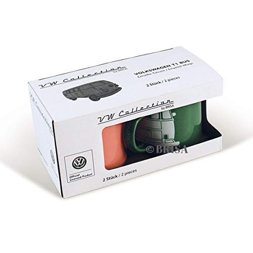 BRISA VW Collection - Volkswagen Furgoneta Hippie Bus T1 Van Set de 2 Tazas de Café Esmaltadas en Caja de regalo, Copas de Té, Decoración de la Mesa/Outdoor/Camping/Souvenir (Verde/Rosa)