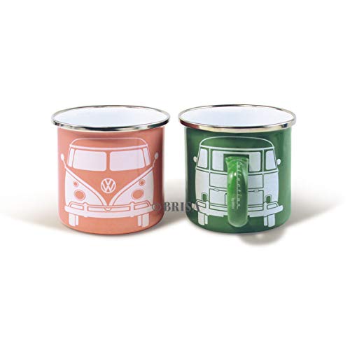 BRISA VW Collection - Volkswagen Furgoneta Hippie Bus T1 Van Set de 2 Tazas de Café Esmaltadas en Caja de regalo, Copas de Té, Decoración de la Mesa/Outdoor/Camping/Souvenir (Verde/Rosa)