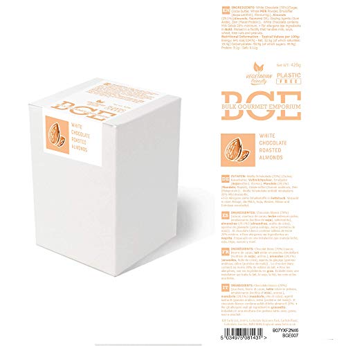 Bulk Gourmet Emporium - Almendras tostadas bañadas en chocolate blanco belga, producto vegetariano, halal y sin envase de plástico, 420 gr