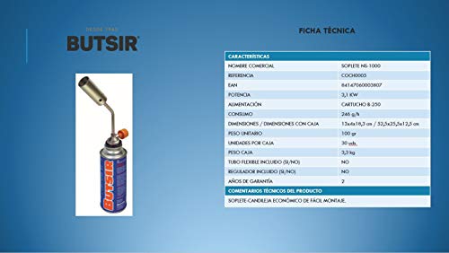 Butsir Soplete NS-1000 Incluido Cartucho de Gas B-250 Soplete/candileja, Dorado Quemador Soplete Soldador