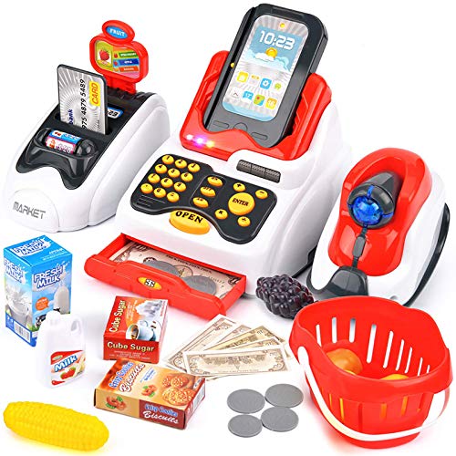 Buyger Caja Registradora Juguetes Supermercado Electrónica Juguetes con Sonido y Luz Juego de Imitación para 3 4 5 Años Niños Niñas